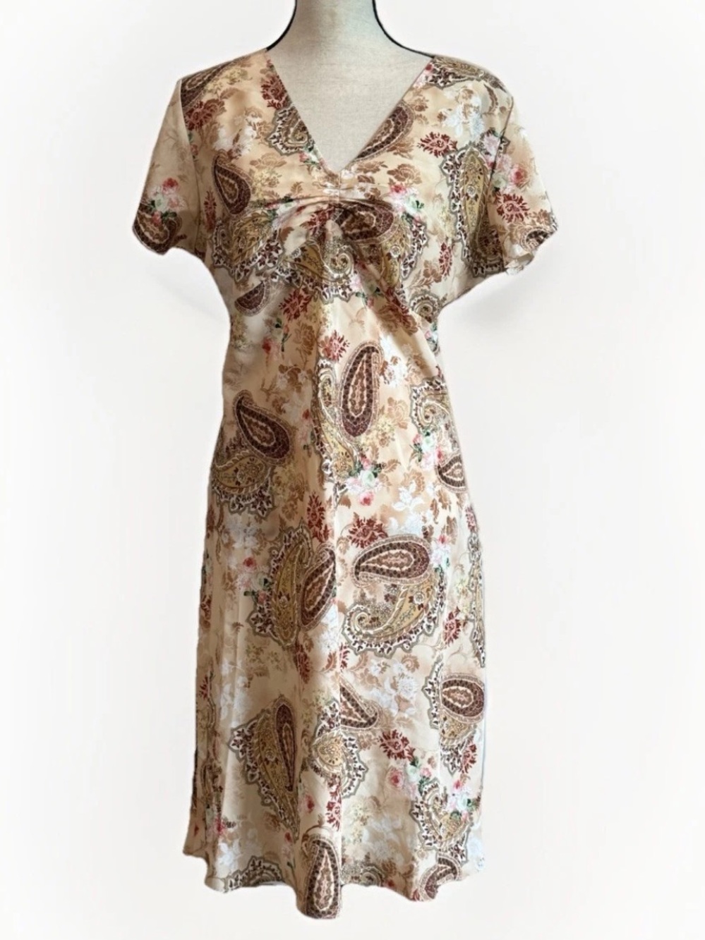 VTG Millenium Y2K Beige Paisley Babydoll Maxi Dress Size XL Boho Hippie Neutral
